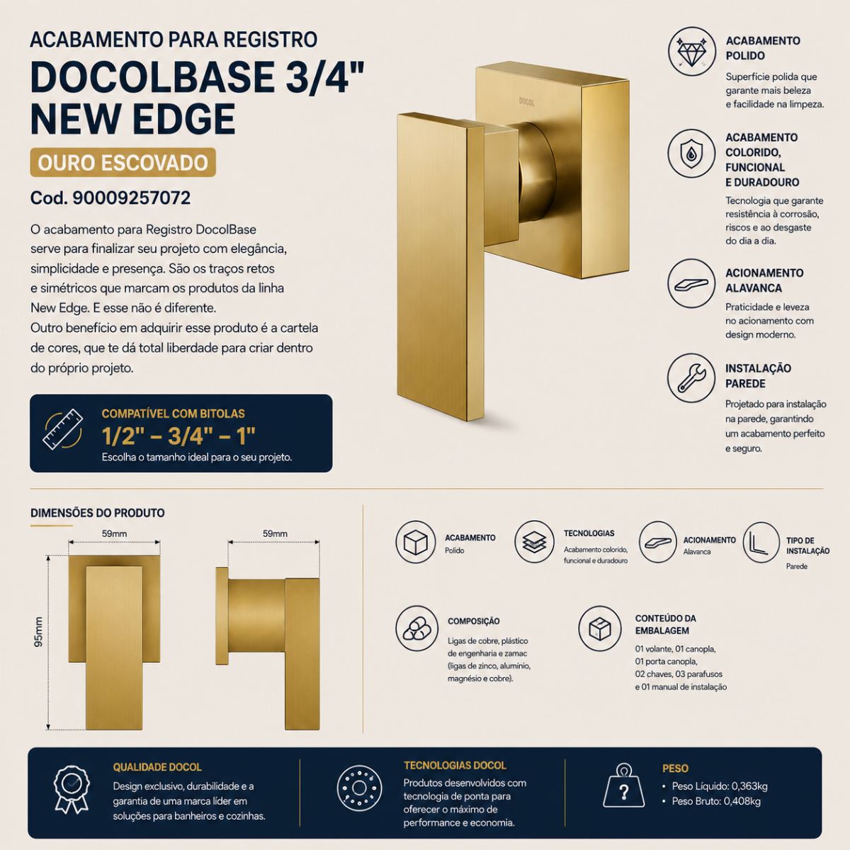 05 acabamento para registro docolbase 3 4 new edge ouro escovado