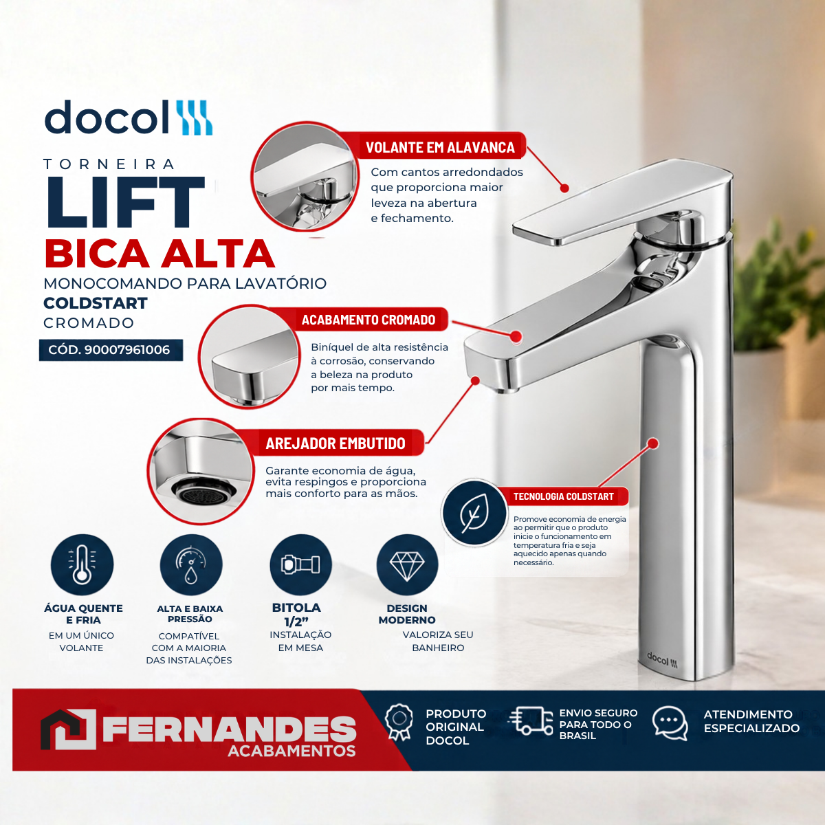 02 monocomando bica alta de mesa para lavatorio coldstart lift cromado